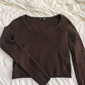 SHEIN Chocolate Brown V-Neck Ribbed Knit Sweater